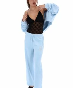 JUICY COUTURE COOL BLUE CREST DIAMANTE VELOUR WIDE LEG JOGGERS