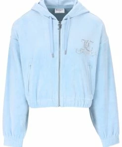 JUICY COUTURE COOL BLUE OVERSIZED VELOUR DIAMANTE CREST HOODIE