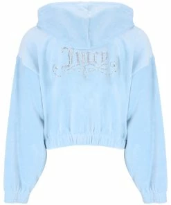 JUICY COUTURE COOL BLUE OVERSIZED VELOUR DIAMANTE CREST HOODIE