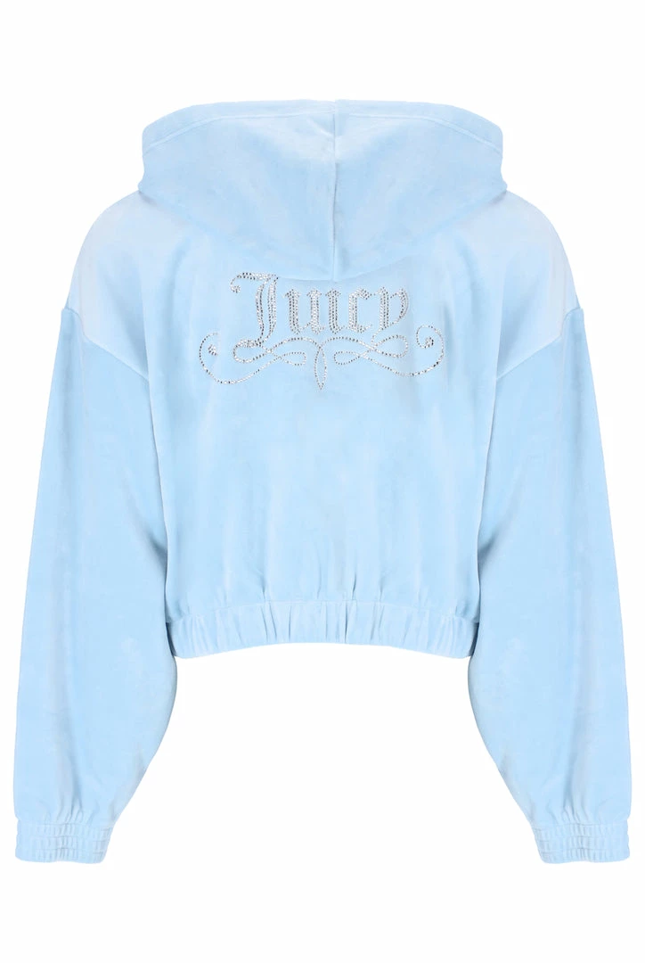 JUICY COUTURE COOL BLUE OVERSIZED VELOUR DIAMANTE CREST HOODIE