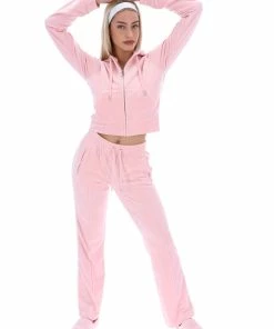 JUICY COUTURE NEW IN ALMOND BLOSSOM CONTRAST VELOUR DIAMANTE TRACKSUIT BOTTOM