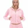JUICY COUTURE NEW IN ALMOND BLOSSOM CONTRAST DIAMANTE VELOUR ZIP-THROUGH HOODIE