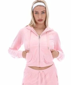 JUICY COUTURE NEW IN ALMOND BLOSSOM CONTRAST DIAMANTE VELOUR ZIP-THROUGH HOODIE