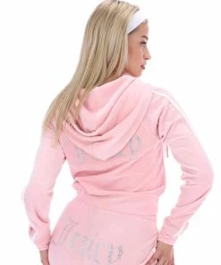 JUICY COUTURE NEW IN ALMOND BLOSSOM CONTRAST DIAMANTE VELOUR ZIP-THROUGH HOODIE