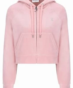 JUICY COUTURE NEW IN ALMOND BLOSSOM CONTRAST DIAMANTE VELOUR ZIP-THROUGH HOODIE