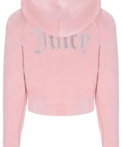 JUICY COUTURE NEW IN ALMOND BLOSSOM CONTRAST DIAMANTE VELOUR ZIP-THROUGH HOODIE