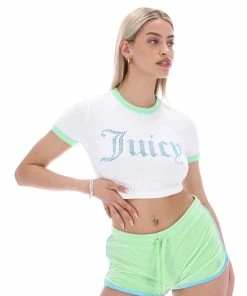JUICY COUTURE WHITE RINGER DIAMANTE GRAPHIC CROP TEE NEW IN