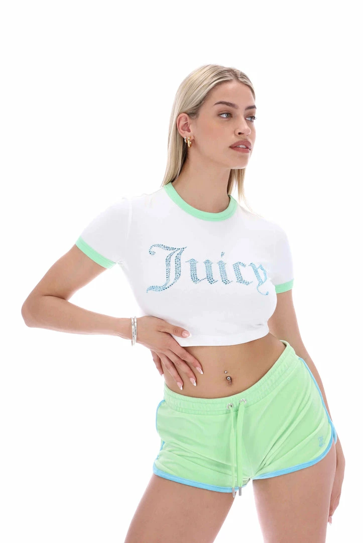 JUICY COUTURE WHITE RINGER DIAMANTE GRAPHIC CROP TEE NEW IN