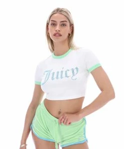JUICY COUTURE MINT CONTRAST VELOUR DIAMANTE TRACK SHORTS