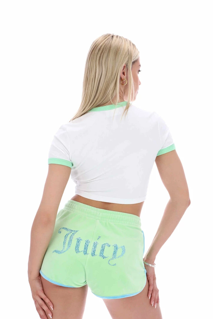 JUICY COUTURE WHITE RINGER DIAMANTE GRAPHIC CROP TEE NEW IN