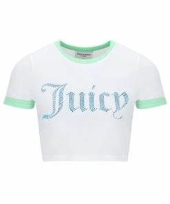 JUICY COUTURE WHITE RINGER DIAMANTE GRAPHIC CROP TEE NEW IN