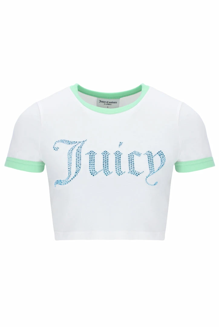 JUICY COUTURE WHITE RINGER DIAMANTE GRAPHIC CROP TEE NEW IN