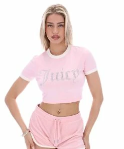 JUICY COUTURE ALMOND BLOSSOM RINGER DIAMANTE GRAPHIC CROP TEE