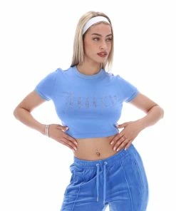 JUICY COUTURE NEW IN ULTRAMARINE RINGER DIAMANTE GRAPHIC CROP TEE