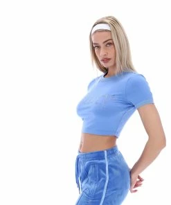 JUICY COUTURE NEW IN ULTRAMARINE RINGER DIAMANTE GRAPHIC CROP TEE