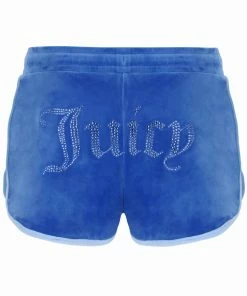 JUICY COUTURE ULTRAMARINE CONTRAST VELOUR DIAMANTE TRACK SHORTS NEW IN