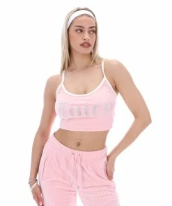 JUICY COUTURE ALMOND BLOSSOM CONTRAST STRAP VELOUR DIAMANTE CROP TOP NEW IN