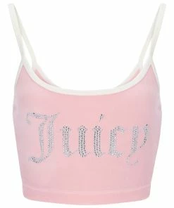 JUICY COUTURE ALMOND BLOSSOM CONTRAST STRAP VELOUR DIAMANTE CROP TOP NEW IN