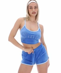 JUICY COUTURE NEW IN ULTRAMARINE CONTRAST STRAP VELOUR DIAMANTE CROP TOP