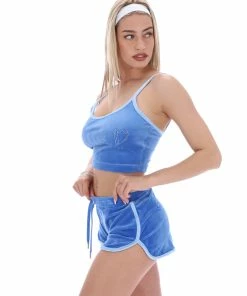 JUICY COUTURE NEW IN ULTRAMARINE CONTRAST STRAP VELOUR DIAMANTE CROP TOP