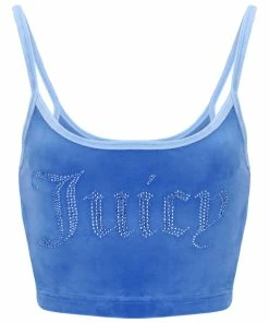 JUICY COUTURE NEW IN ULTRAMARINE CONTRAST STRAP VELOUR DIAMANTE CROP TOP