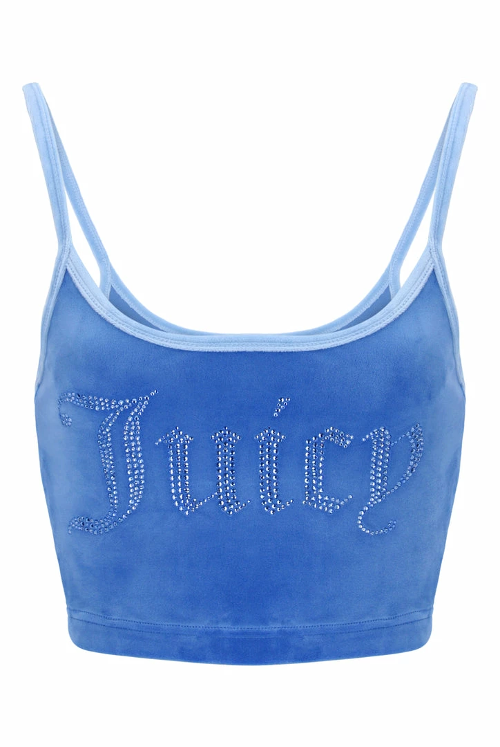 JUICY COUTURE NEW IN ULTRAMARINE CONTRAST STRAP VELOUR DIAMANTE CROP TOP