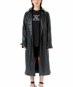 JUICY COUTURE BLACK DEBOSSED FAUX LEATHER TRENCH COAT