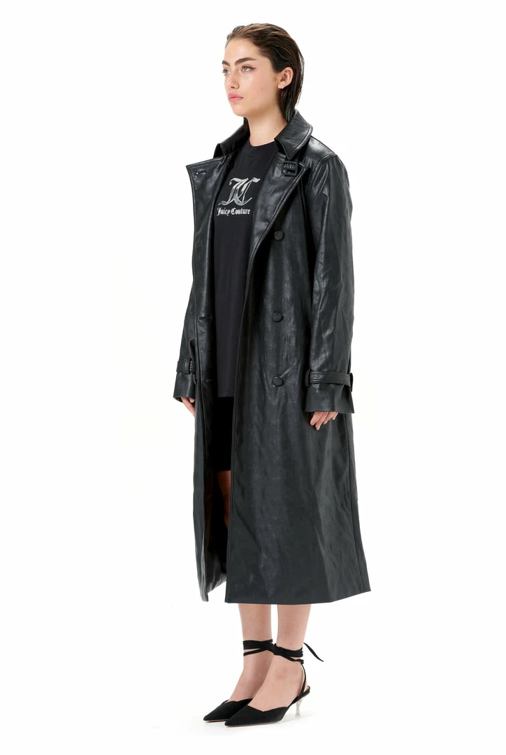JUICY COUTURE BLACK DEBOSSED FAUX LEATHER TRENCH COAT