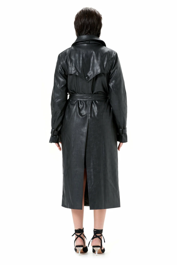 JUICY COUTURE BLACK DEBOSSED FAUX LEATHER TRENCH COAT