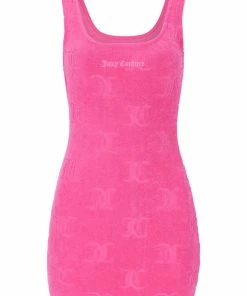 JUICY COUTURE SPRING SUMMER '22 COLLECTION FLURO PINK RECYCLED JACQUARD TOWELLING TANK DRESS