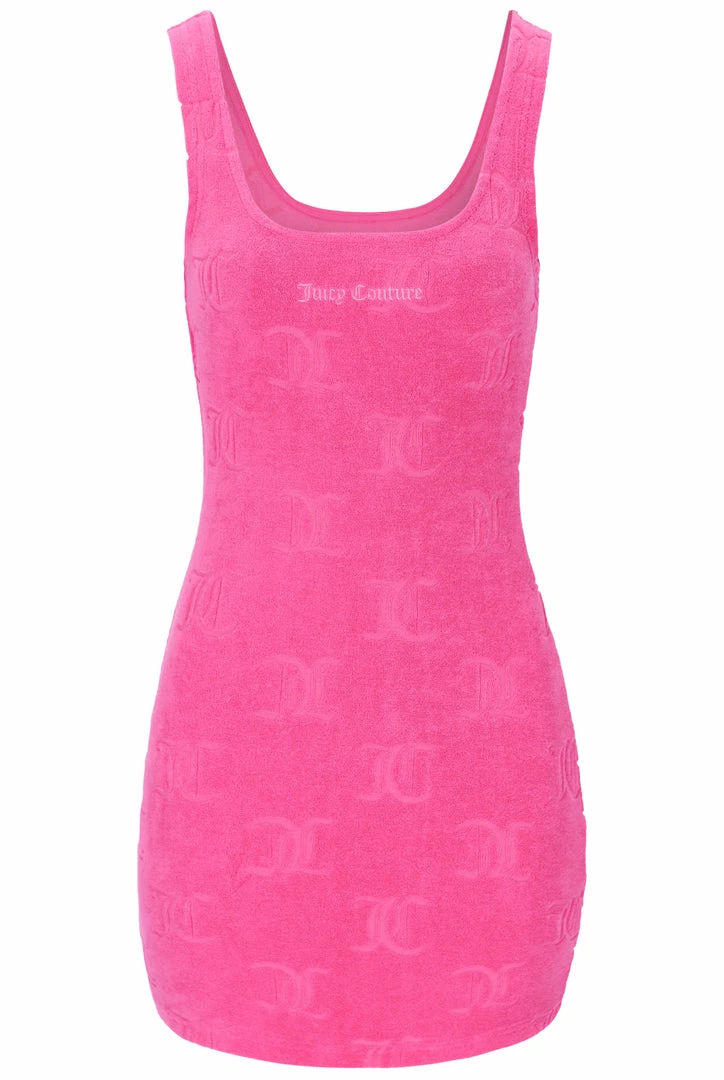 JUICY COUTURE SPRING SUMMER '22 COLLECTION FLURO PINK RECYCLED JACQUARD TOWELLING TANK DRESS