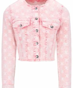 JUICY COUTURE SPRING SUMMER '22 COLLECTION FLURO PINK MONOGRAM ACID WASH DENIM JACKET