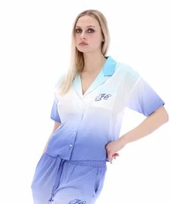JUICY COUTURE TOPS AQUA OMBRE SATIN SHORT SLEEVE PYJAMA SHIRT