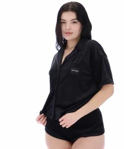 JUICY COUTURE TOPS BLACK LOUNGE RIB VELOUR SHIRT