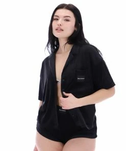 JUICY COUTURE TOPS BLACK LOUNGE RIB VELOUR SHIRT