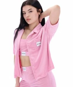 JUICY COUTURE PINK PETAL LOUNGE RIB VELOUR SHIRT TOPS