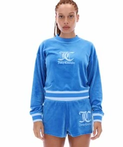 JUICY COUTURE PRINCESS BLUE VELOUR CREW NECK SWEATSHIRT