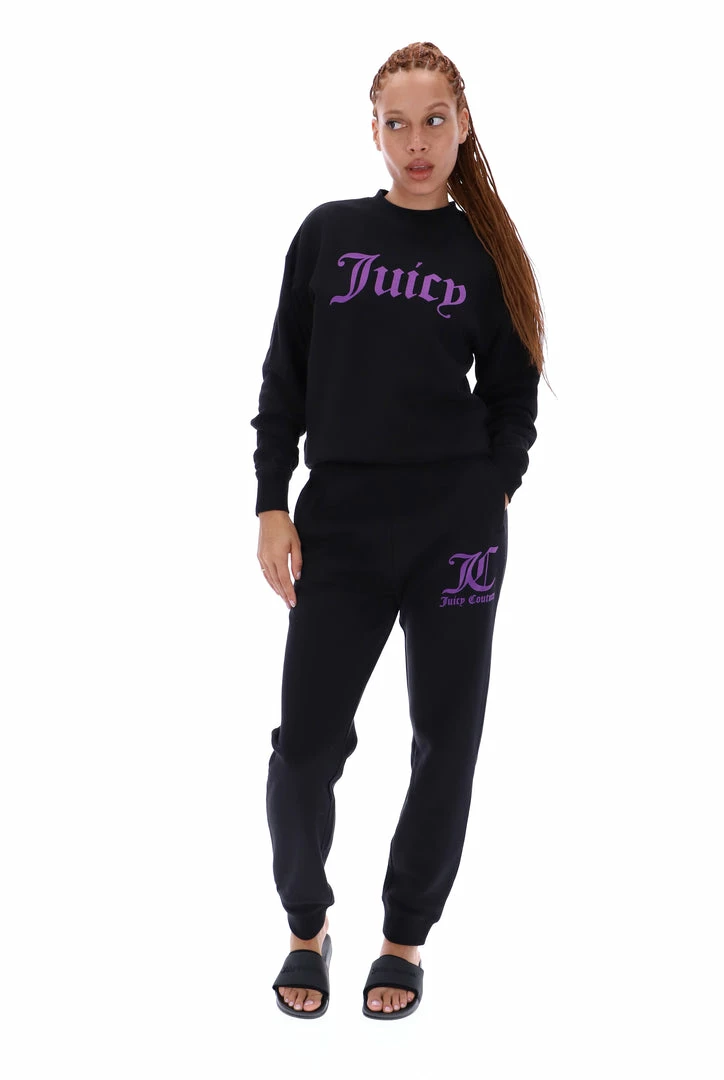 JUICY COUTURE TRACKSUITS BLACK FLOCKED CREW NECK SWEATSHIRT