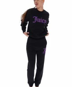 JUICY COUTURE TRACKSUITS BLACK FLOCKED CREW NECK SWEATSHIRT