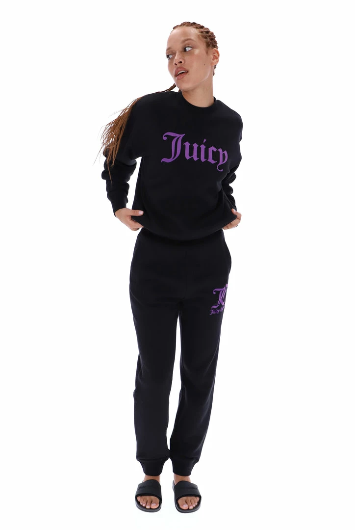 JUICY COUTURE TRACKSUITS BLACK FLOCKED CREW NECK SWEATSHIRT