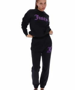 JUICY COUTURE BLACK FLOCKED BOYFRIEND CUFFED JOGGER TRACKSUITS
