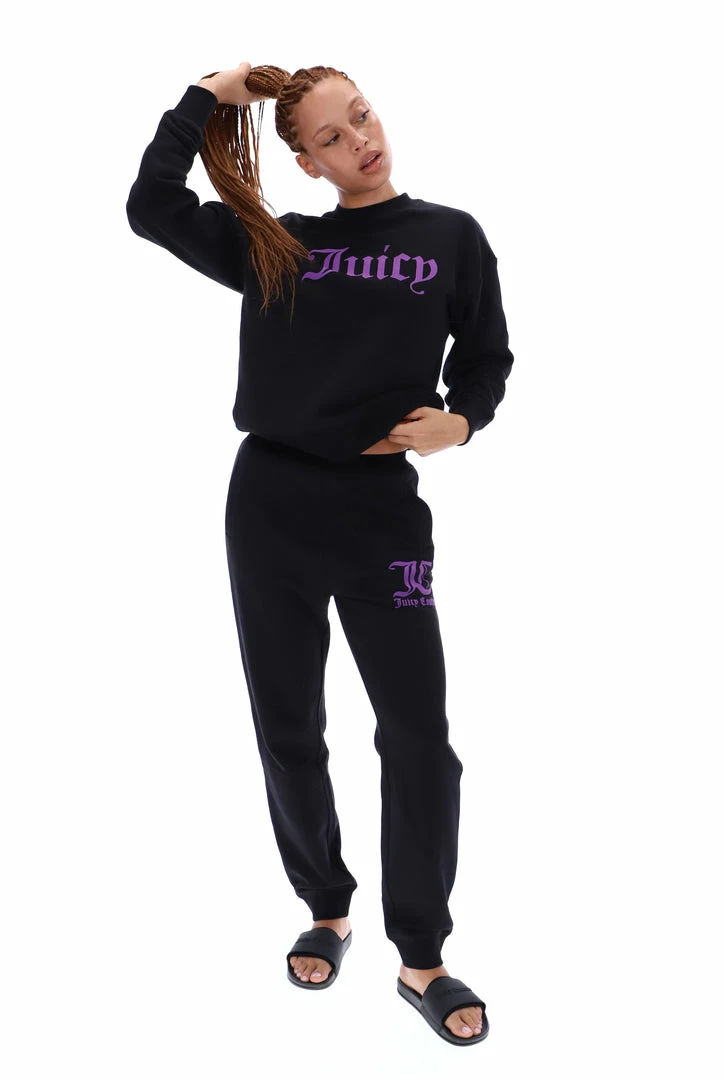 JUICY COUTURE TRACKSUITS BLACK FLOCKED CREW NECK SWEATSHIRT