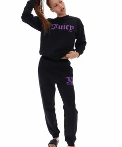 JUICY COUTURE BLACK FLOCKED BOYFRIEND CUFFED JOGGER TRACKSUITS