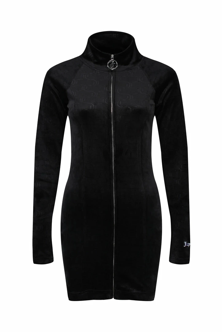 JUICY COUTURE DRESSES BLACK DEBOSSED PANELLED VELOUR TRACK DRESS