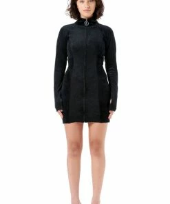 JUICY COUTURE DRESSES BLACK DEBOSSED PANELLED VELOUR TRACK DRESS