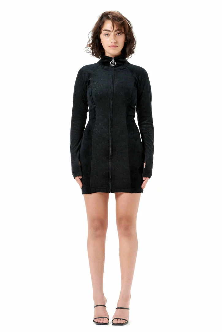 JUICY COUTURE DRESSES BLACK DEBOSSED PANELLED VELOUR TRACK DRESS