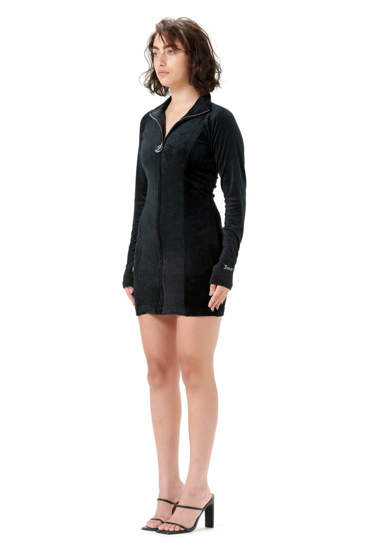 JUICY COUTURE DRESSES BLACK DEBOSSED PANELLED VELOUR TRACK DRESS