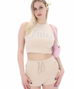 JUICY COUTURE SPRING SUMMER '22 COLLECTION BRAZILLIAN SAND VELOUR DIAMANTE HALTER TOP