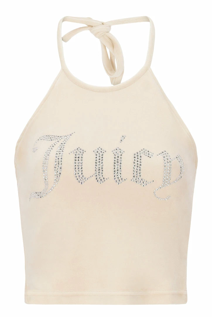 JUICY COUTURE SPRING SUMMER '22 COLLECTION BRAZILLIAN SAND VELOUR DIAMANTE HALTER TOP