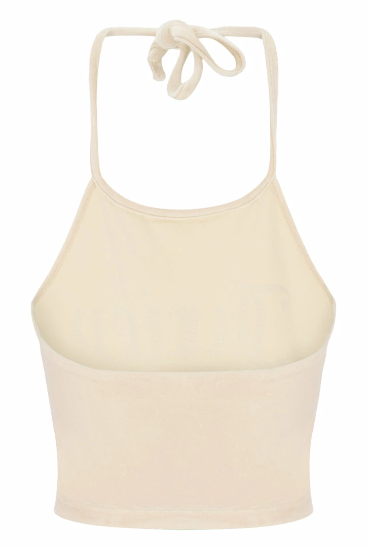 JUICY COUTURE SPRING SUMMER '22 COLLECTION BRAZILLIAN SAND VELOUR DIAMANTE HALTER TOP